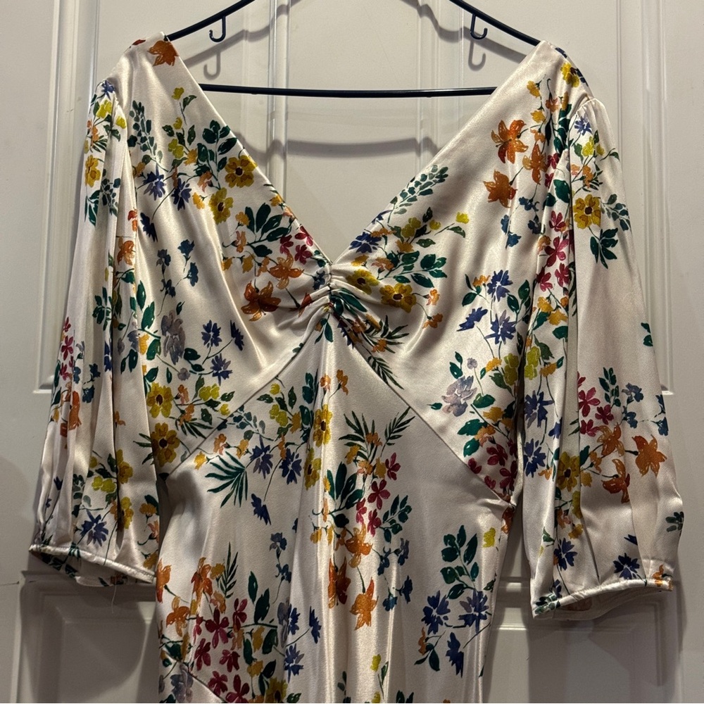ABS Allen Schwartz Multicolor Floral Asymmetrical Silk Drape Dress 100% Viscose